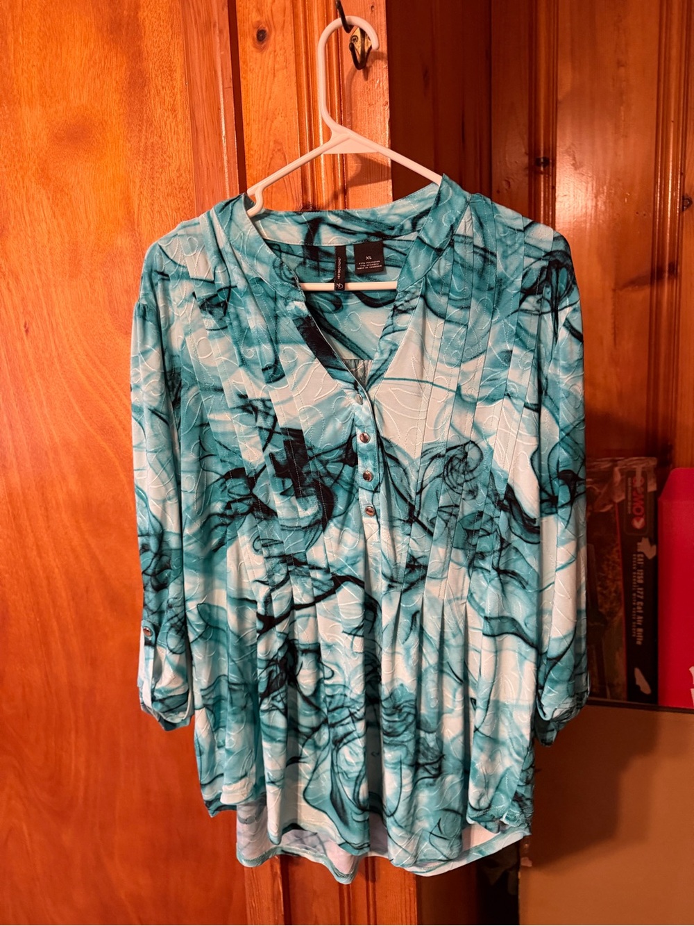 new directions Teal & Black Abstract Button-Front Tunic
